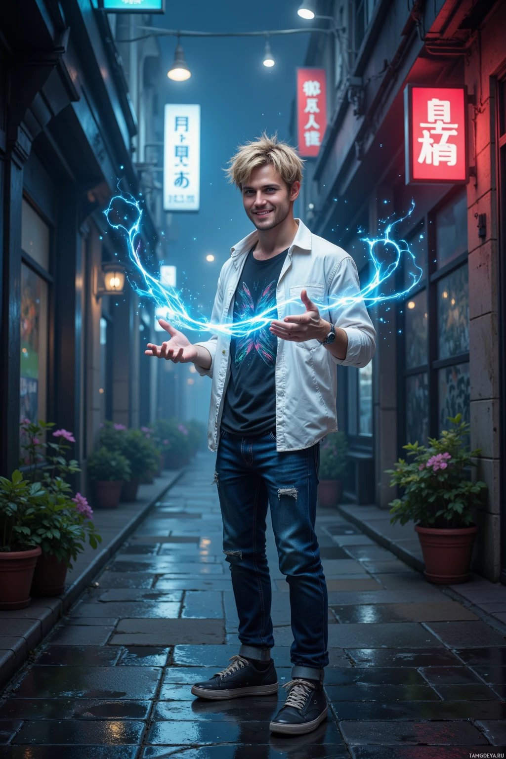 Realistic high quality photo. 31‑year‑old male with messy blonde hair, bright blue eyes, warm smile, wearing a white shirt over a black graphic tee, dark blue jeans, worn sneakers, standing in a bustling cyberpunk alley at night holding a glowing holographic mixtape, surrounded by floating music notes and holographic displays, exuding a lighthearted, optimistic, playful vibe.