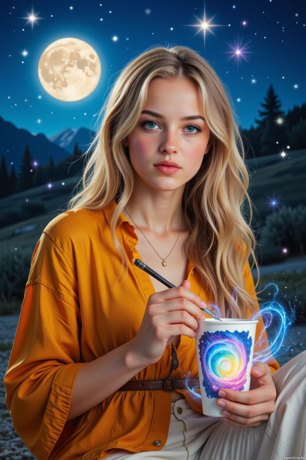 Realistic high quality photo. Female artist, 31, long curly blonde hair, bright blue eyes, golden glow, wearing a loose orange-yellow bohemian tunic and flowing white pants with a leather cord and tiny star pendant, sketching a swirling nebula on a Styrofoam cup under a luminous full moon, glittering stardust floating around, late night fantasy setting.