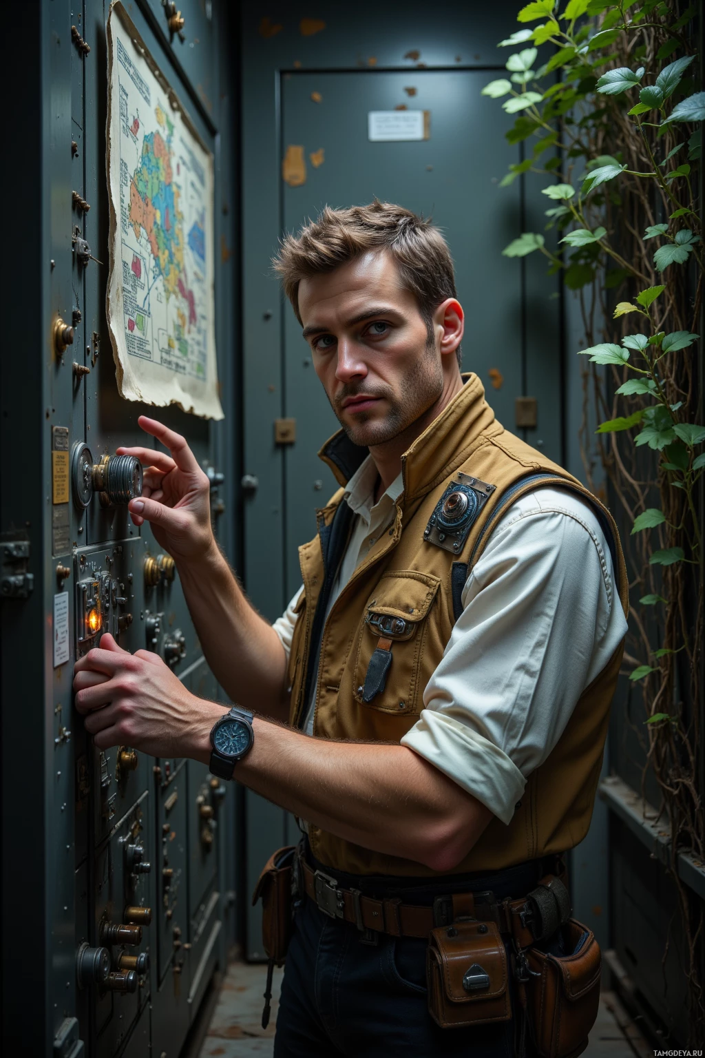 Realistic high quality photo. A 30‑year‑old man with light brown hair and blue eyes, wearing a white utility shirt under a sleeveless tan tech vest with copper wiring, stands in a dim, dusty server room surrounded by old relays and a glowing analog lock, his hands steady as he turns a key, while schematic diagrams of bypassed encryption drift above him and neglected synth‑plant foliage lingers nearby.