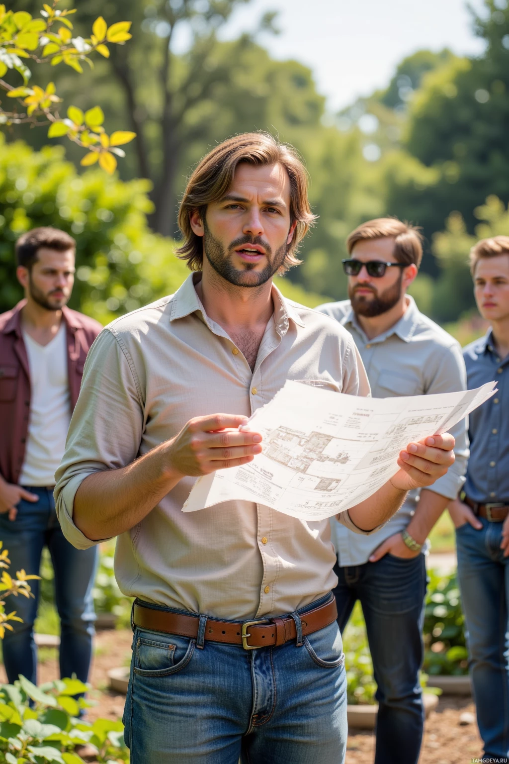 Realistic high quality photo. A 35-year-old man with medium-length brown hair, brown eyes, a strong defined face, warm white skin, wearing a comfortable shirt and jeans, stands in a bright morning community garden with a blueprint in hand, surrounded by an enthusiastic team listening as he passionately shares his vision.