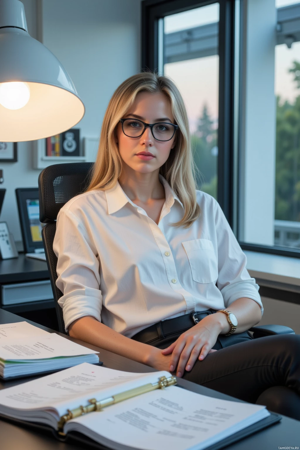 Realistic high quality photo. 30-year-old woman with medium‑length blonde hair, rectangular glasses, crisp white blouse, tailored black pants, subtle wristwatch, reclined in a modern office chair surrounded by neatly aligned paper folders and RFID tags, an automated conveyor system humming outside a large window, soft desk light casting a calm evening glow as she gently places a digital binder in front of her.