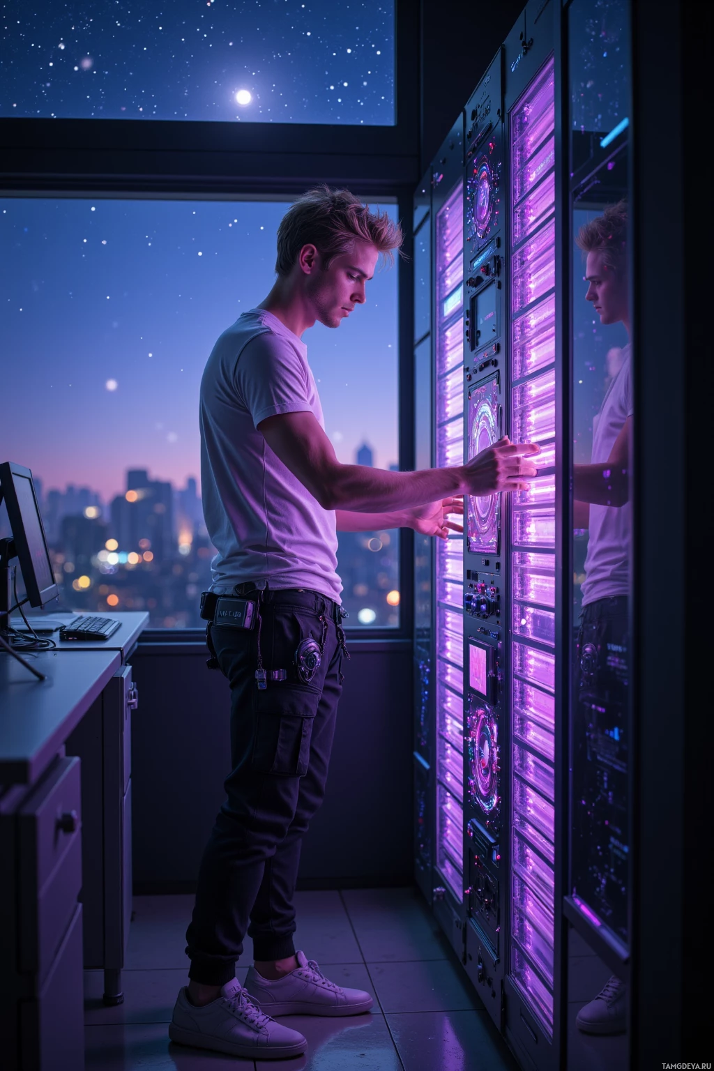 Realistic high quality photo. A 30‑year‑old male with messy blonde fade hair, blue eyes, pale skin, wearing a sleek white t‑shirt, black joggers, metallic sneakers, and gadgets clipped to his belt, stands in a dim high‑tech lab at night, aligning a microprocessor array while a soft violet holographic display bathes the room, his face shows intense concentration as a faint star‑pulse glow is visible through a window showing a starry sky.