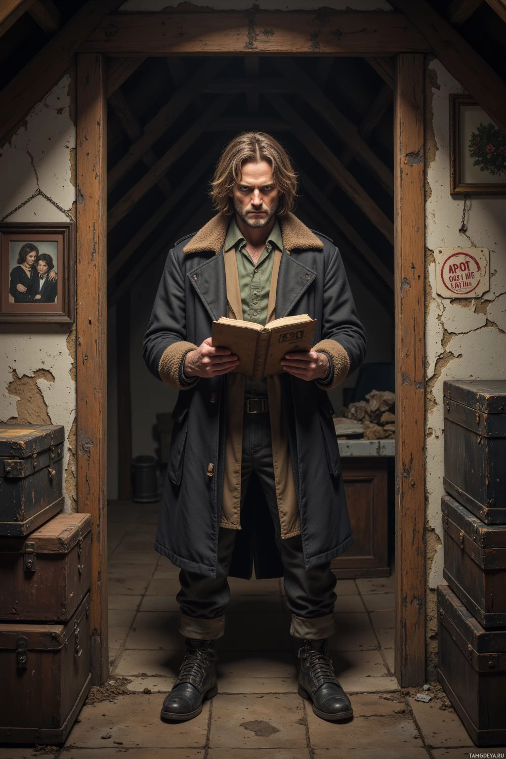 Realistic high quality photo. A 39‑year‑old man with light brown long hair, blue eyes, sharp features, wearing a worn thick long coat and rugged trousers, stands in a dusty attic at day, examining a ledger behind a sign that reads “Do Not Open”, surrounded by old wooden beams, boxes, and a framed family photo with a 1974 stamp, his posture tense with quiet intensity and skeptical curiosity.
