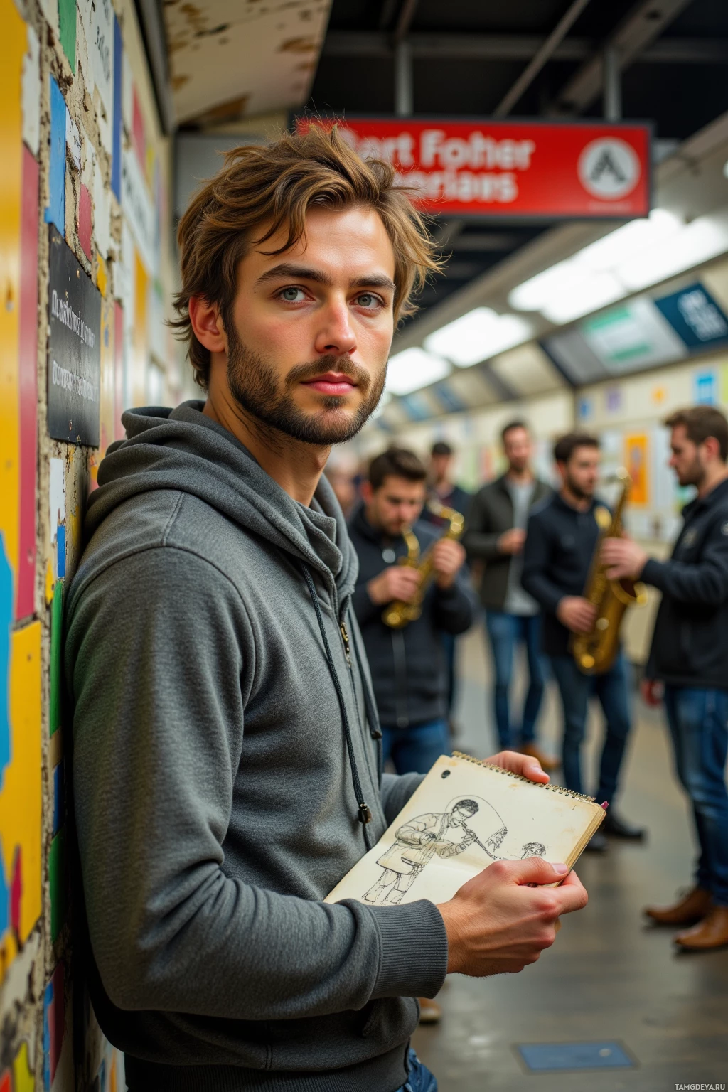 Realistic high quality photo. A 30‑year‑old man with messy light brown hair, bright blue eyes, wearing a grey hoodie and denim jeans, stands in a subway station with a peeling wall and a bright sign, sketchbook in hand doodling forgotten art while a flash mob of jazz musicians plays nearby, his expression a blend of curiosity and amused distraction.