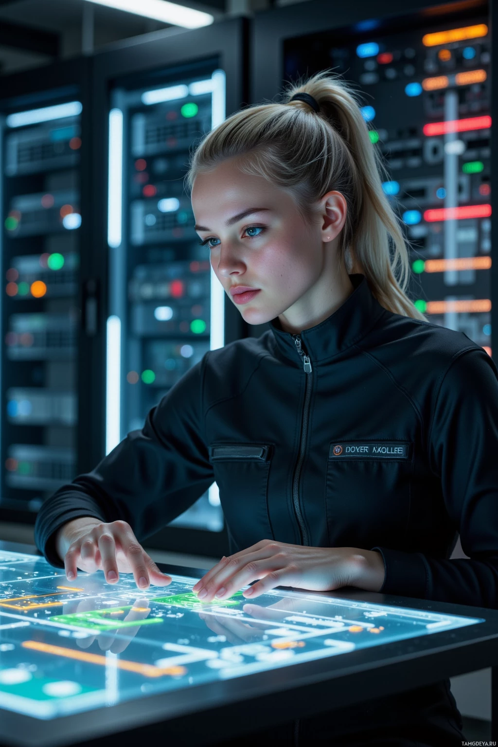 Realistic high quality photo. A 30‑year‑old female cyber‑engineer with silver ponytail, violet eyes, pale skin, wearing a black jumpsuit with metallic seams, sits at a holographic diagnostics console in a dimly lit server bay, her hands mapping invisible network lines on a translucent screen while a stack of backup disks glows softly behind her.