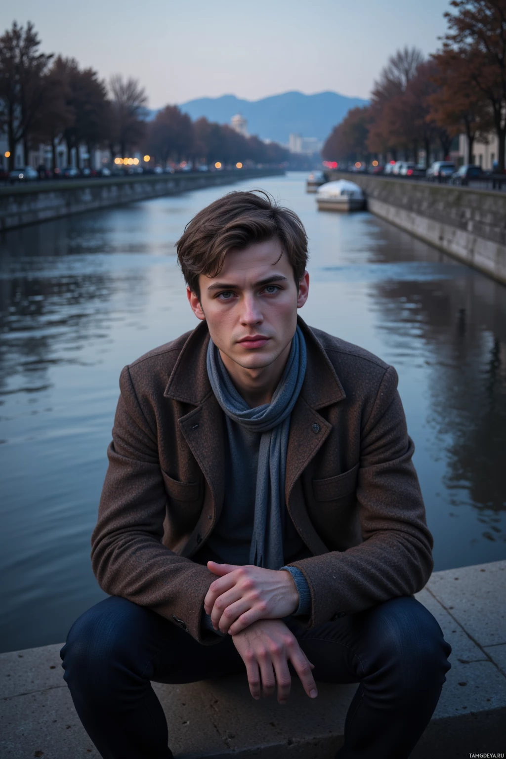 Realistic high quality photo. A 30‑year‑old man with short light brown hair, blue eyes, fair skin, wearing a soft wool jacket over a simple shirt and a loosely draped scarf, sits on a riverbank in a modern setting, looking pensively at the rippling water beneath a twilight sky, surrounded by trees and a quiet, reflective atmosphere.