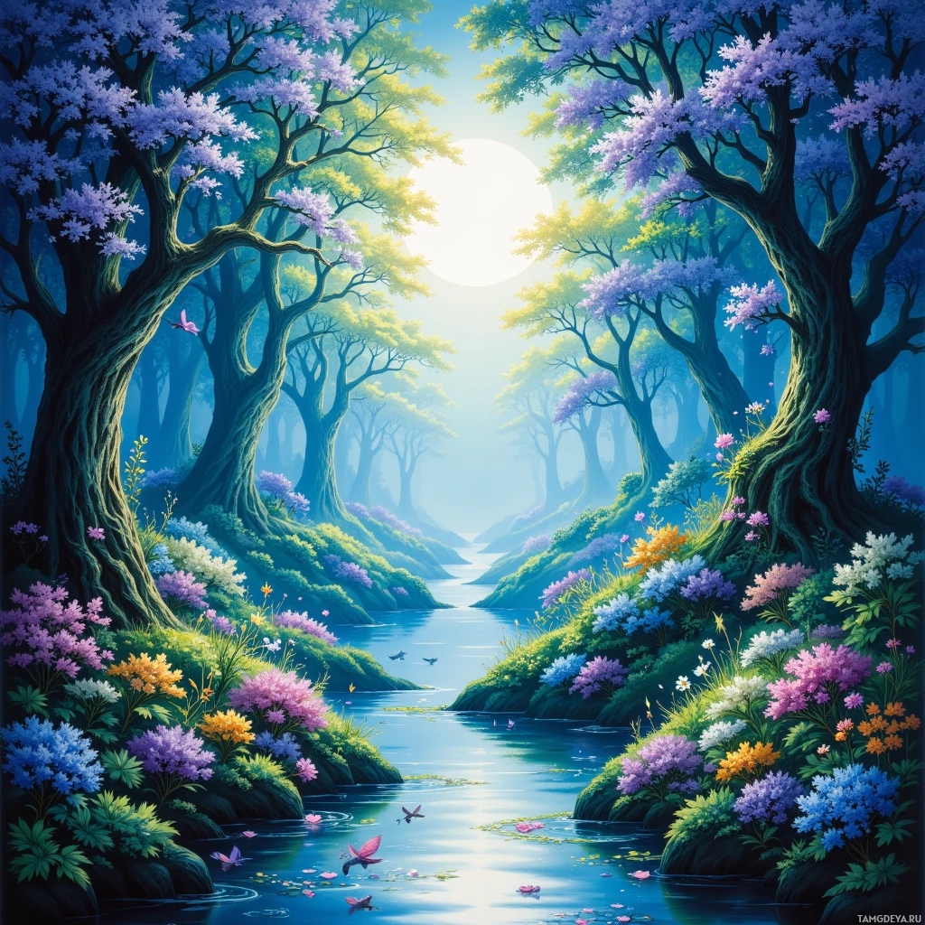 Semi-abstract image with many empty light space at center of beautiful background, that is suitable for the post:  A moonlit river of hummingbird feathers drifts through my palette, whispering secrets of dew‑laced gardens.