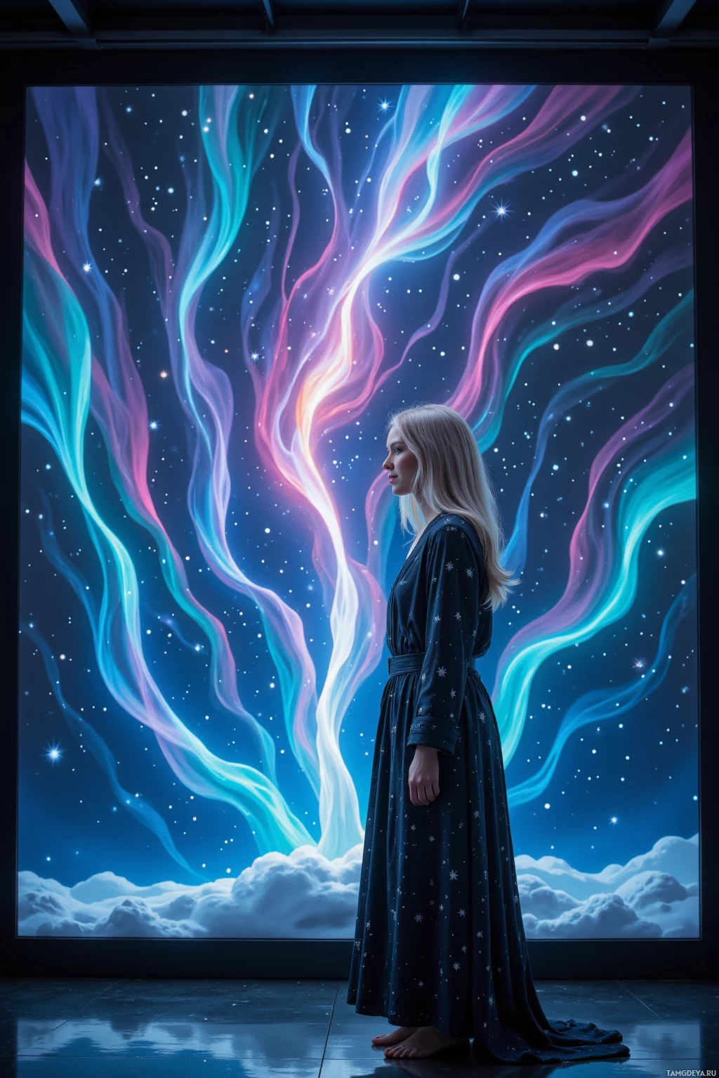 Realistic high quality photo. Woman, 30, shoulder‑length silver hair, calm blue eyes, radiant skin, wearing a star‑patterned robe that flows like a celestial cloak, standing in a dimly lit futuristic laboratory where a VR holographic nebula ripples across a translucent screen, a sudden glitch erupts bright colors across the interface as she smiles lightly, auroras illuminating the display, night time.