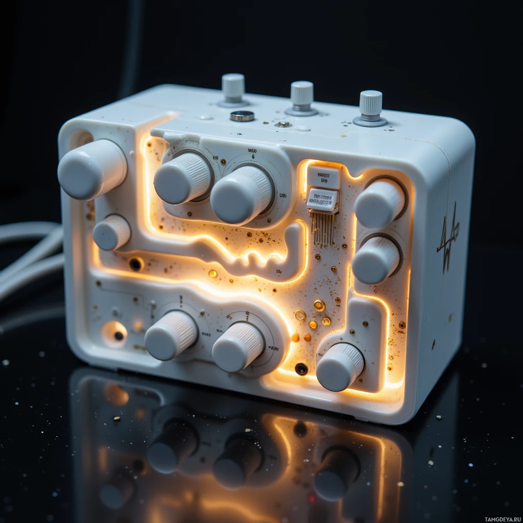 Semi-abstract image with many light, that is suitable for the post:  Hand‑crafted analog synthesizer with a translucent ceramic case softly illuminated from within, a faint glowing waveform etched across its smooth surface, precise surgical‑style knobs, sleek matte finish, and intricate internal circuitry visible through the clear walls.