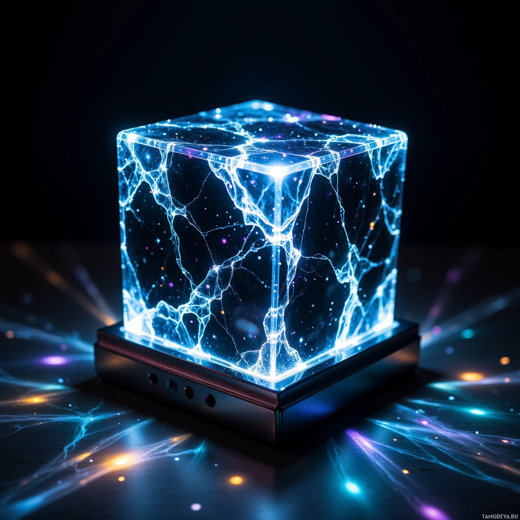 Semi-abstract image with many light, that is suitable for the post:  sleek black translucent crystal‑cube projector, crystal facets and metallic edges, emitting soft holographic 3D graffiti light, minimalist futuristic design, subtle glow from its surface.