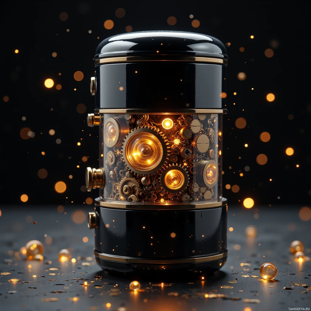 Semi-abstract image with many light, that is suitable for the post:  Pocket-sized black cylindrical device with polished chrome finish, exposed brass gears spinning inside, a tiny LED screen flickering with looping paradoxes, miniature speaker crackling, sleek metal body.