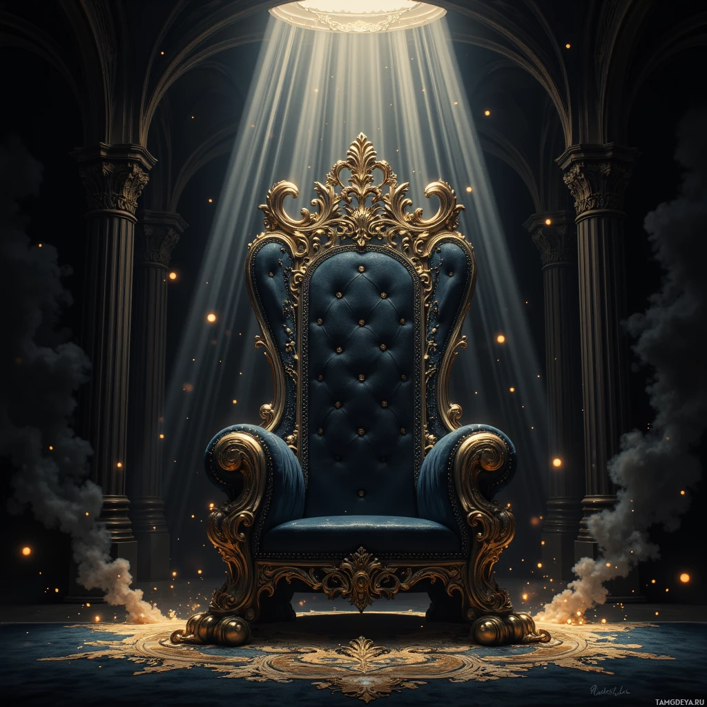 Semi-abstract image with many light, that is suitable for the post:  A sleek black velvet throne with delicate metallic filigree, a hidden button, and an integrated holographic projector that casts a full‑scale golden Renaissance throne with velvet drapes, emitting a faint amber scent and adjustable lighting and weight features.