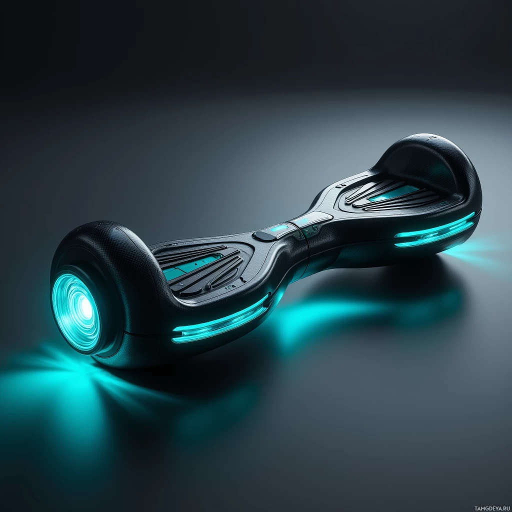 Semi-abstract image with many light, that is suitable for the post:  Sleek matte black carbon‑fiber hoverboard with a streamlined, low‑profile frame, faint glowing teal HUD panels along the surface, subtle iridescent lights at the wheels, hidden anti‑gravity engine vents emitting a faint blue vortex, and smooth aerodynamic edges designed for rapid flip and hover.