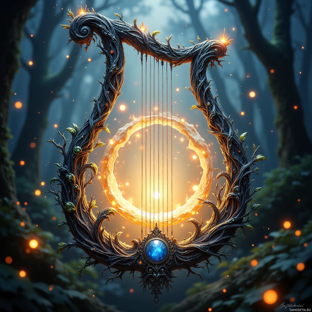 Semi-abstract image with many light, that is suitable for the post:  Moonlit Lyre with a polished moonstone body shimmering like a quiet sunrise, delicate silver strings, intricate tiny carved vines etched along its frame, surrounded by a soft aurora glow.