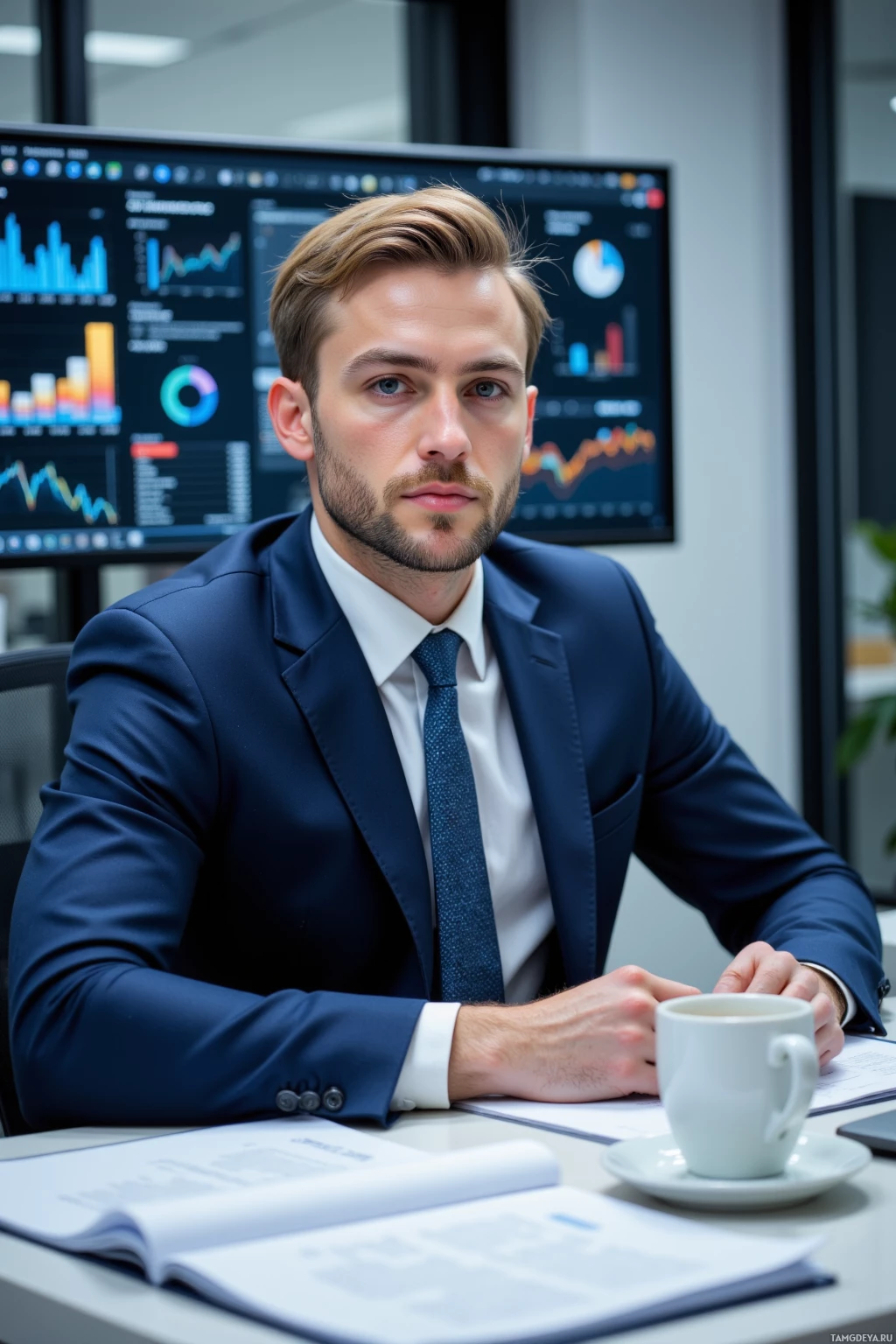 Realistic high quality photo. A 32‑year‑old man with short blonde hair, bright blue eyes, sharply groomed, wearing a tailored navy suit, crisp white shirt and patterned tie, sits at a pristine modern office desk in the quiet early hour, staring intently at glowing dashboards on a large monitor while organized papers and a coffee mug rest beside him, soft natural light filtering in.