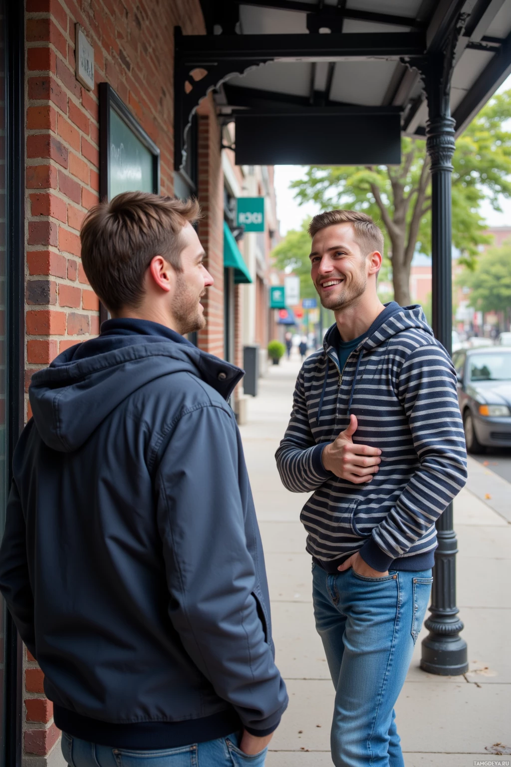 Realistic high quality photo. A 26‑year‑old man with light brown short hair, pale skin, green eyes, wearing a striped hoodie and blue jeans, standing at a city bus stop beside a brick wall, laughing with an old friend as they trade quick‑fire story snippets, his half‑smile and restless energy captured in the moment.