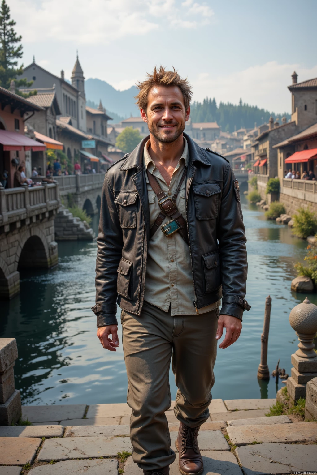 Realistic high quality photo. A rugged 31‑year‑old man with messy blonde hair, bright blue eyes, and tanned skin, wearing a weathered jacket, sturdy boots, and comfortable trousers, walking across a winding stone bridge over a river in early morning light, surrounded by old stone lanterns, pine trees, and a street vendor trading handmade postcards, smiling confidently.