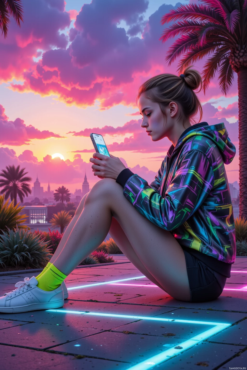 Realistic high quality photo. Female 22 with light brown pixelated hair, bright blue eyes, wearing glitch-patterned rainbow jacket, neon green socks, casual sneakers, in a quiet corner of a glowing synth plaza, hacking a looping beat into a sunrise on a holo‑projector while animated pixels dance and a text bubble sends a meme to a friend on another server.