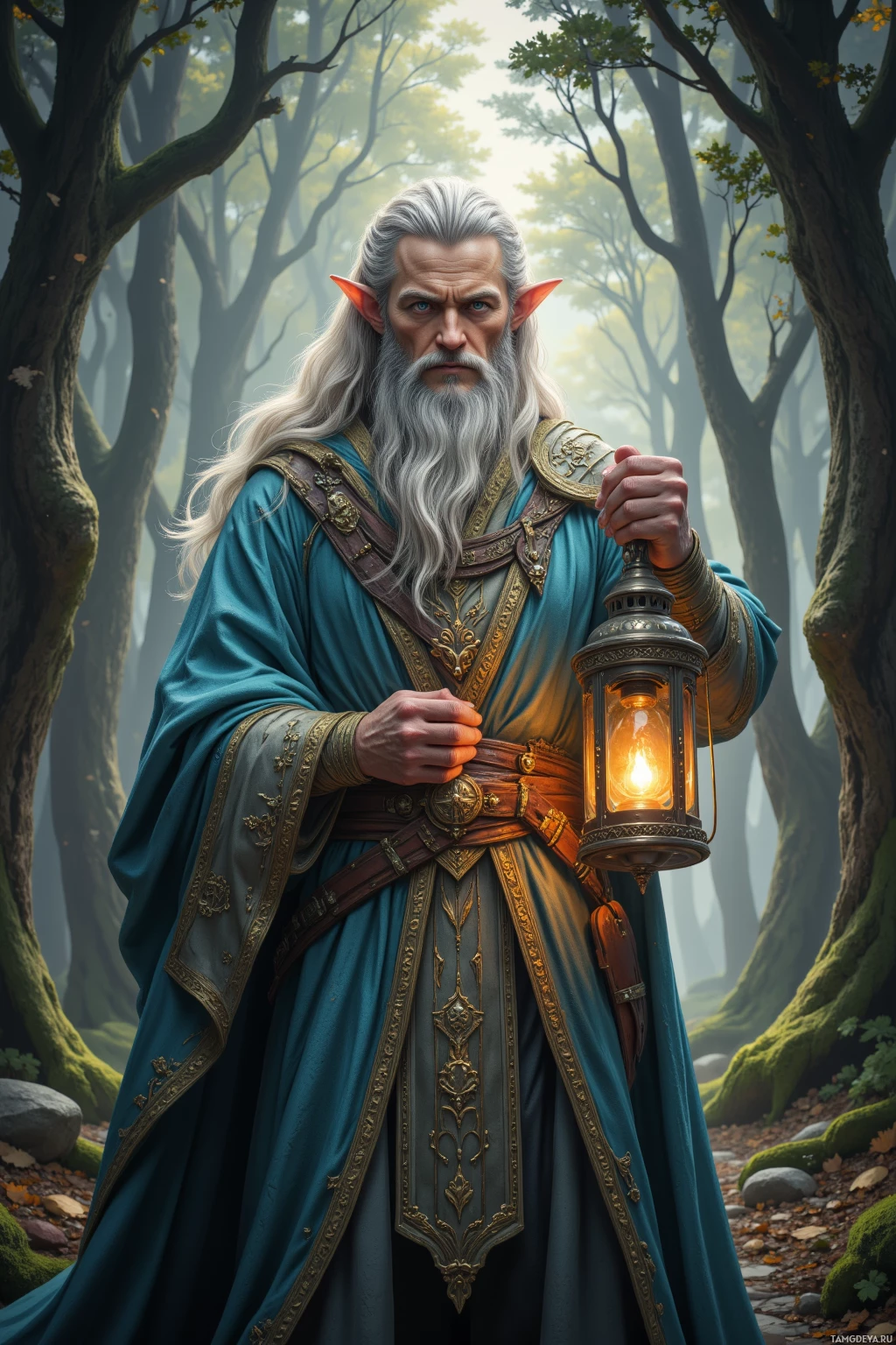 Realistic high quality photo. Tall, elegant elf man with flowing silver hair, pointed ears, piercing blue eyes, wearing a finely embroidered silver‑patterned robe with delicate runes, standing in a forest council hall bathed in dawn’s silver light, holding a lantern that casts a warm glow over his calm, stoic face amid ancient whispering trees.