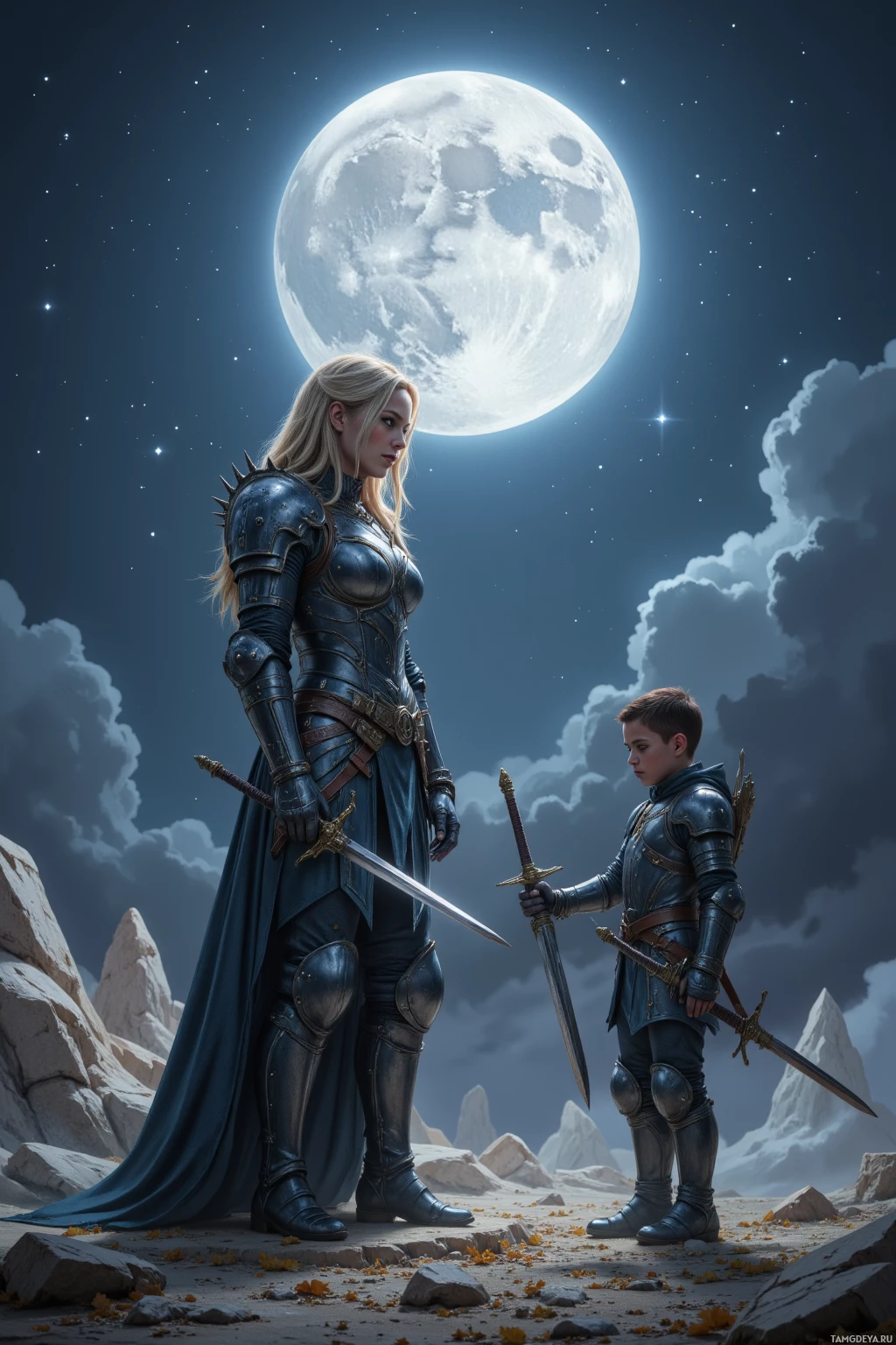 Realistic high quality photo. Tall, blonde woman in spiked armor stands on a moonlit training ground, calm and commanding, guiding a young swordsman who has stumbled, their swords poised under a pale moon and glittering stars, echoing disciplined resolve in a fantasy battlefield.