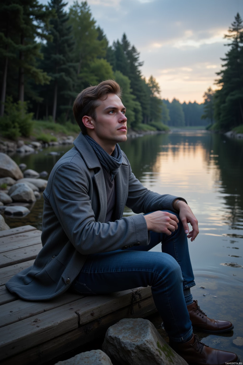 Realistic high quality photo. A mid‑30s man with short light brown hair, blue eyes, fair skin, wearing a soft wool jacket over a simple shirt and a loosely draped scarf, sits on a wooden dock beside a calm river at dusk, listening intently to the gentle flow, surrounded by trees and river rocks in a realistic contemporary setting.