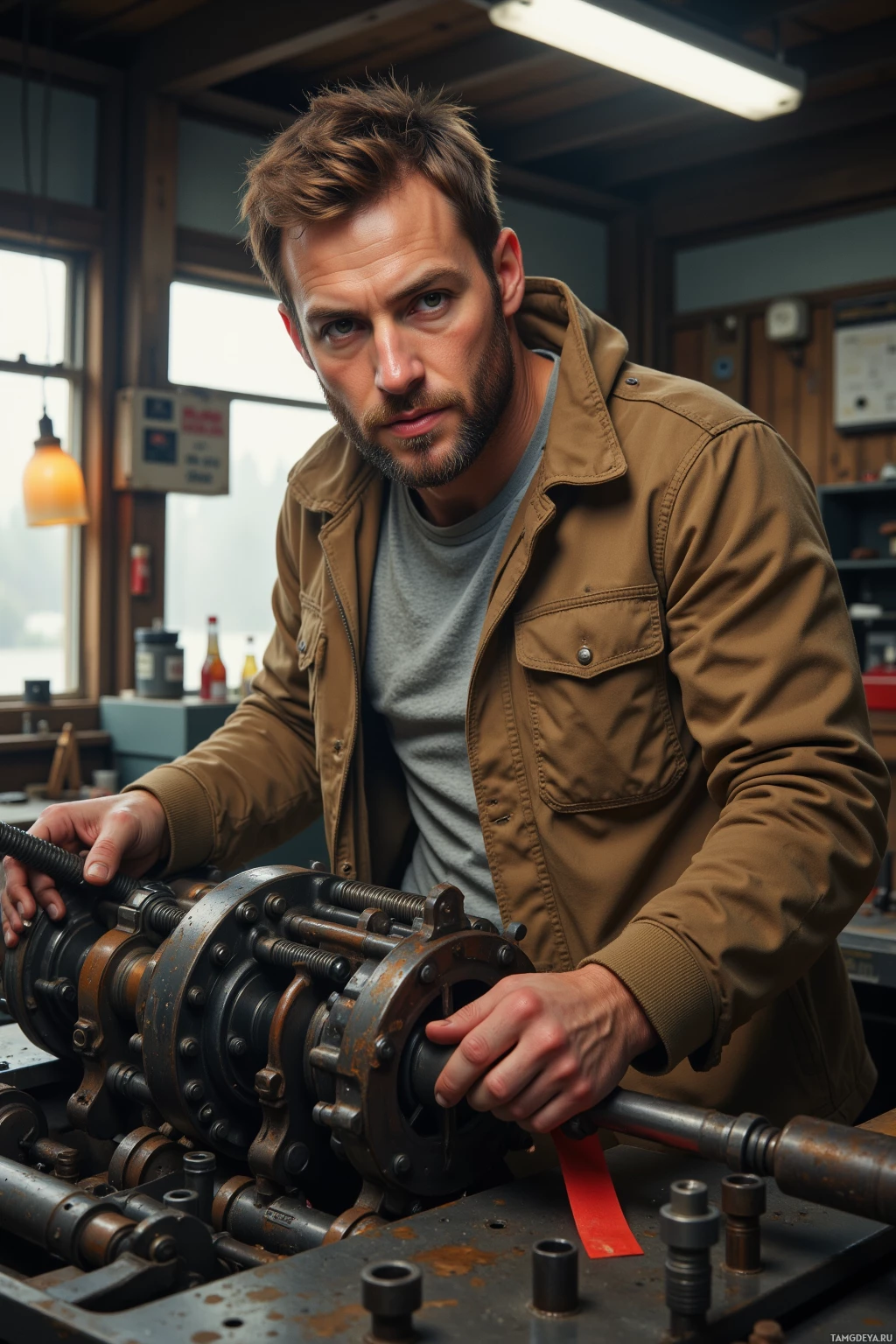 Realistic high quality photo. A 36-year-old man with light brown short hair, green eyes, wearing a weathered tan utility jacket over a grey shirt and worn canvas pants, works on a V8 crankshaft in a cluttered garage lit by afternoon light, surrounded by a toolbox, labeled socket wrenches, a strip of duct tape holding a bolt, with a faint star pattern visible through the window, eyebrows raised in concentration.