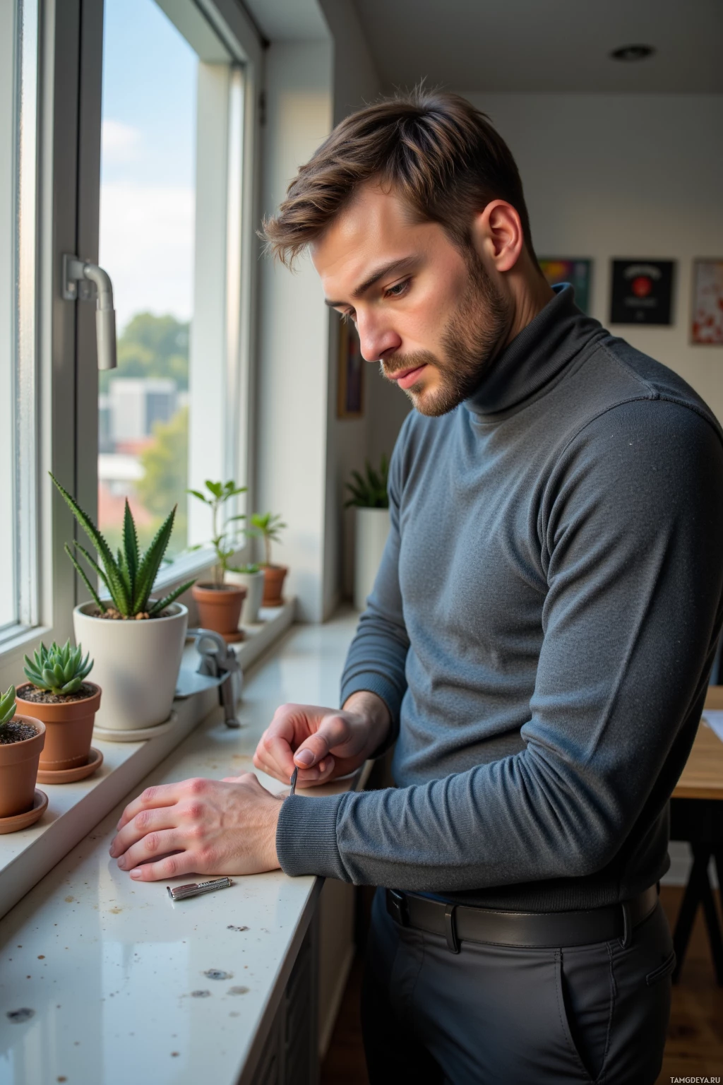 Realistic high quality photo. Male, 31, light brown hair, green eyes, wearing a gray turtleneck and slate slacks, precisely arranging a scalpel set on a windowsill with succulents beside it in a modern apartment, sunlight filtering through the window, atmosphere calm and detached.