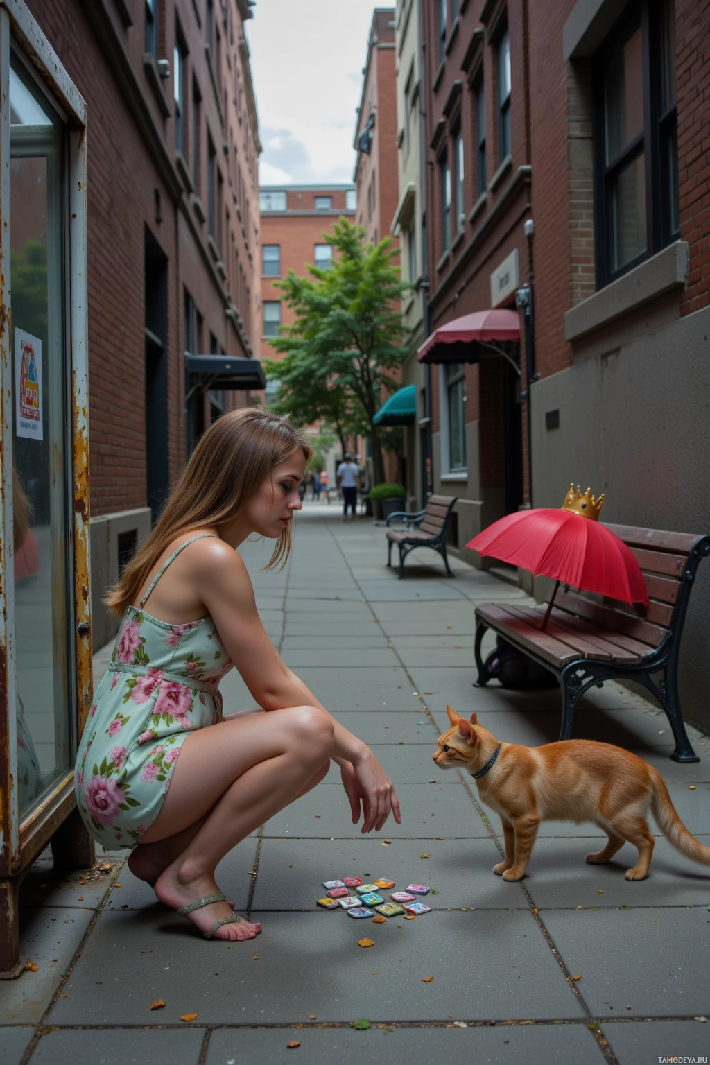 Realistic high quality photo. Female, 23, long light brown hair, green eyes, loose floral dress and light sandals, crouching at a rusted bus stop with a camera on a stack of SD cards, watching a street cat with a crown‑like collar stare toward a shadowy alley, while chasing a bright red abandoned umbrella on a bench, amid dimly lit brick buildings and winding sidewalk detours in an early afternoon urban scene.