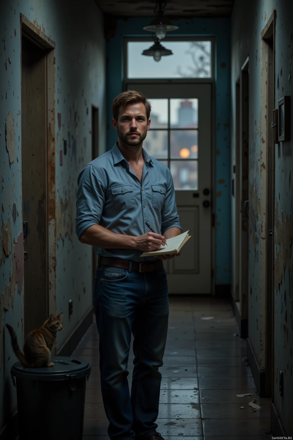 Realistic high quality photo. A 32‑year‑old man with short light brown hair, blue eyes, trimmed beard, wearing a casual button‑up shirt and jeans, stands in a dim hallway with peeling paint and a flickering streetlight visible through a small window, a closed door in front of him, a cat perched on a recycling bin beside the door, holding a notebook as he drafts a one‑sentence confession, his posture tense and contemplative.