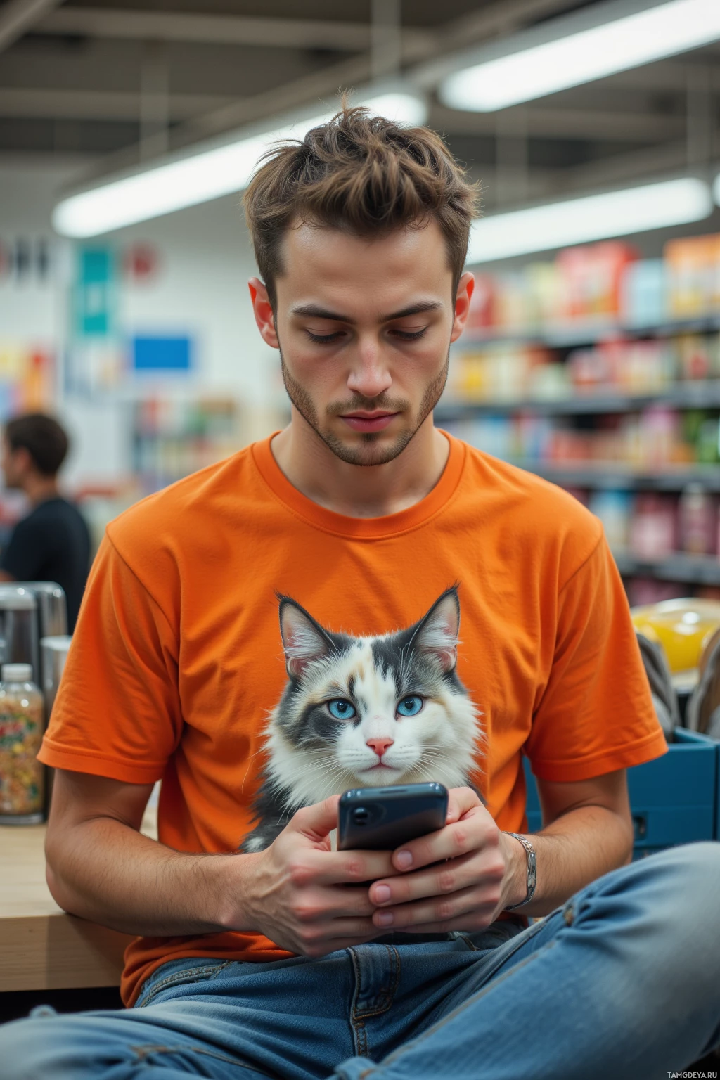 Realistic high quality photo. 22‑year‑old man with short brown hair, bright blue eyes, wearing an orange meme‑print t‑shirt, blue jeans, sneakers, sits at a supermarket checkout scrolling a smartphone, glitchy cat video frames flickering around him as he drafts a fresh GIF, fluorescent lighting.