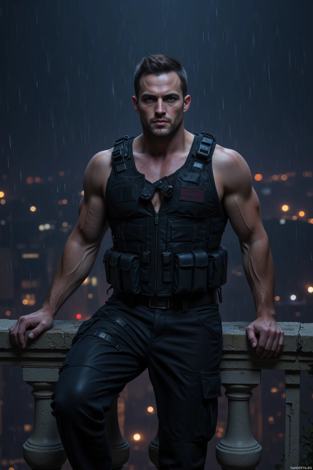 Realistic high quality photo. Tall man with short dark hair, intense blue eyes, wearing a black tactical vest, cargo pants and a utility belt, leaning on a balcony railing at night, city lights flicker below, damp stone walls and faint rain, watchful and alert posture.