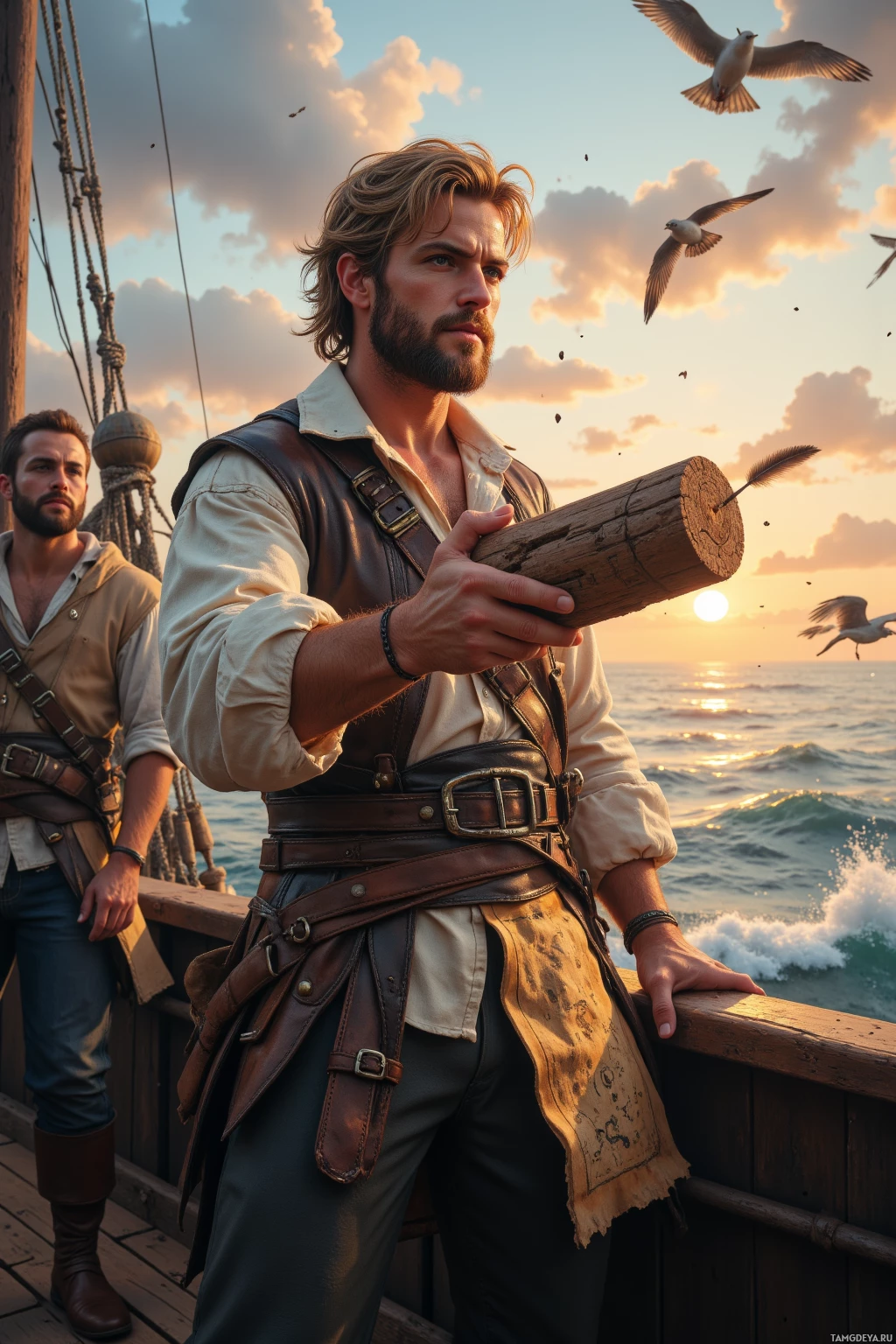 Realistic high quality photo. A 30‑year‑old pirate with messy blonde hair, a beard, sharp blue eyes, strong jawline, wearing a worn leather vest over a white linen shirt, rugged pants, and a wide belt with an intricate buckle, standing on a wooden ship's deck at dawn as gulls cry, holding a carved tiny log with a wooden anchor, tossing a feathered map into a playful sea storm, crew laughing beside him with the horizon glowing.