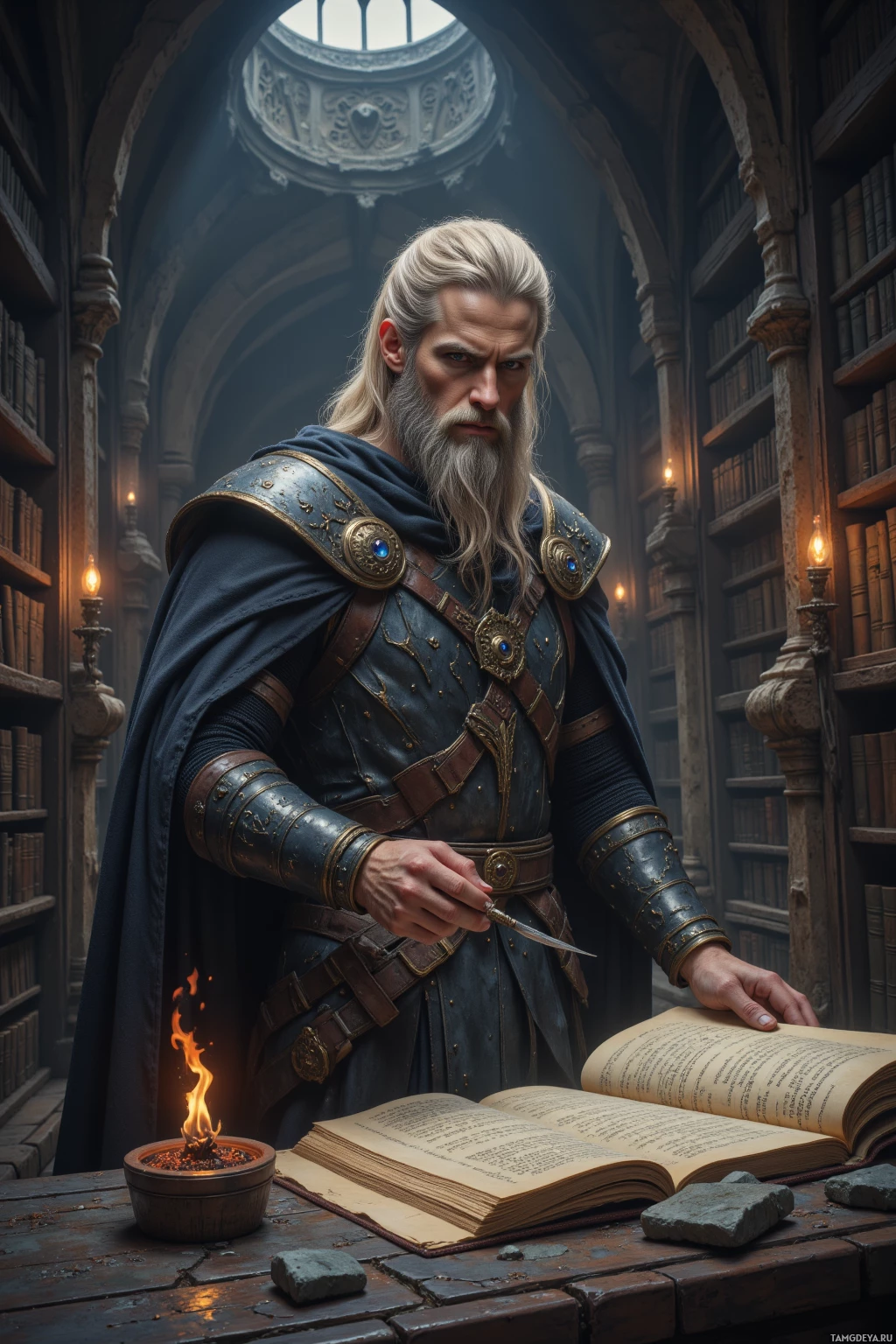 Realistic high quality photo. A tall, 45‑year‑old male archivist with long blonde hair, a gray beard, piercing blue eyes, pale skin, wearing ancient Nordic‑inspired armor beneath a dark gray cloak, stands in a dim cryptic wing of a stone library, surrounded by towering shelves of parchment and stone tablets, calmly cataloguing a lost chronicle while tracing faded runes with a quill under flickering torchlight.