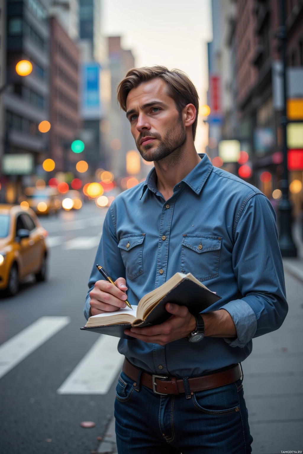 Realistic high quality photo. A 38‑year‑old man with light brown hair, blue eyes, fair skin, strong jawline, wearing a casual button‑up shirt and dark jeans, stands beside a bustling city street at dusk, notebook open in front of him, pen poised as he traces invisible lines in the air between moving traffic, a thoughtful, slightly uncertain expression reflecting his introspective nature.