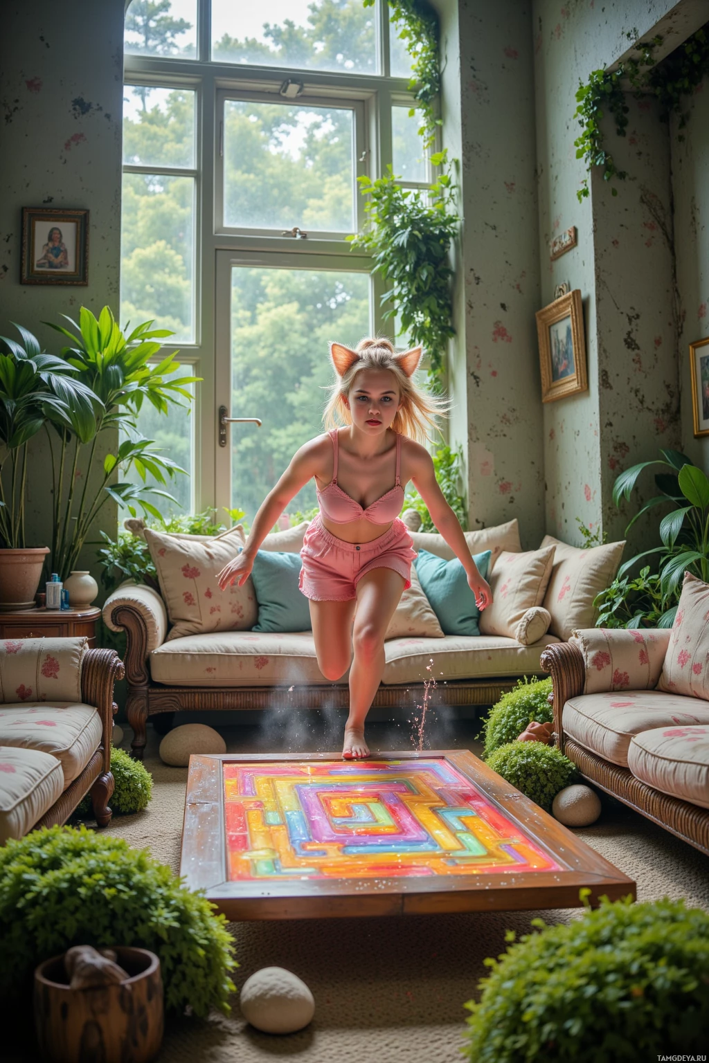 Realistic high quality photo. A 23‑year‑old woman with bright blonde high ponytail, blue eyes, fair skin, wearing a cat‑ear headband and pastel clothes, sprinting through a living‑room jungle with mossy couch cushions, a glittering coffee table, a DIY holographic maze, a mischievous cat, and a neighbor’s door as a boundary, while her friends laugh and glitter flies everywhere.