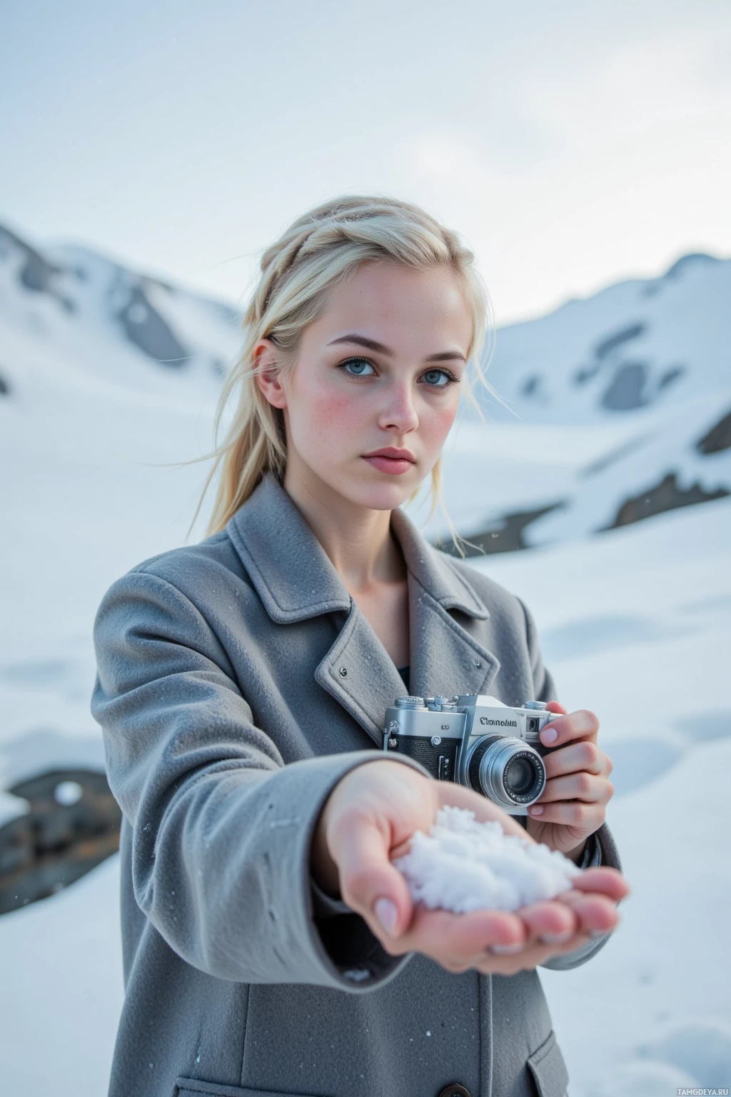 Realistic high quality photo. Female, 32, platinum blonde hair neatly braided, striking blue eyes, pale skin, minimalist grey coat flowing, standing on a snow‑covered ridge in a post‑apocalyptic glacier, wind whipping snowflakes, holding a glistening shard of snow in her palm while capturing a photo with a vintage camera, dawn light illuminating the icy plateau.