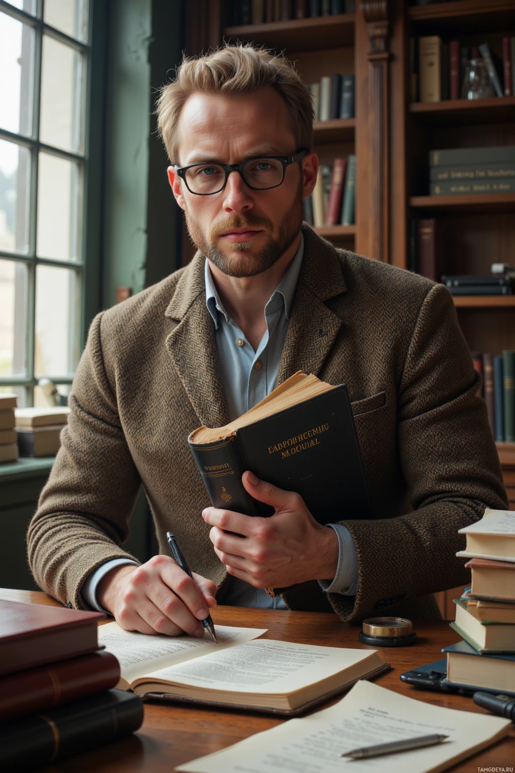 Realistic high quality photo. A 40‑year‑old man with short blonde hair, blue eyes, pale skin, wearing a well‑fitted tweed jacket with leather elbow patches and glasses perched on his nose, seated at a wooden study desk under early morning light, holding a thick dictionary under one arm, poised with a pen in hand as he corrects an email on a laptop, surrounded by stacks of books and papers.
