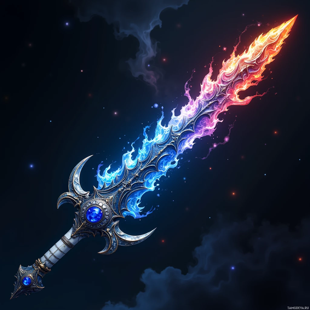 Semi-abstract image with many light, that is suitable for the post:  A sword with a swirling black flame blade etched with glowing starfire runes, a handle carved from pale sky wyrm bone, and a pulsating deep sapphire pommel humming with power.