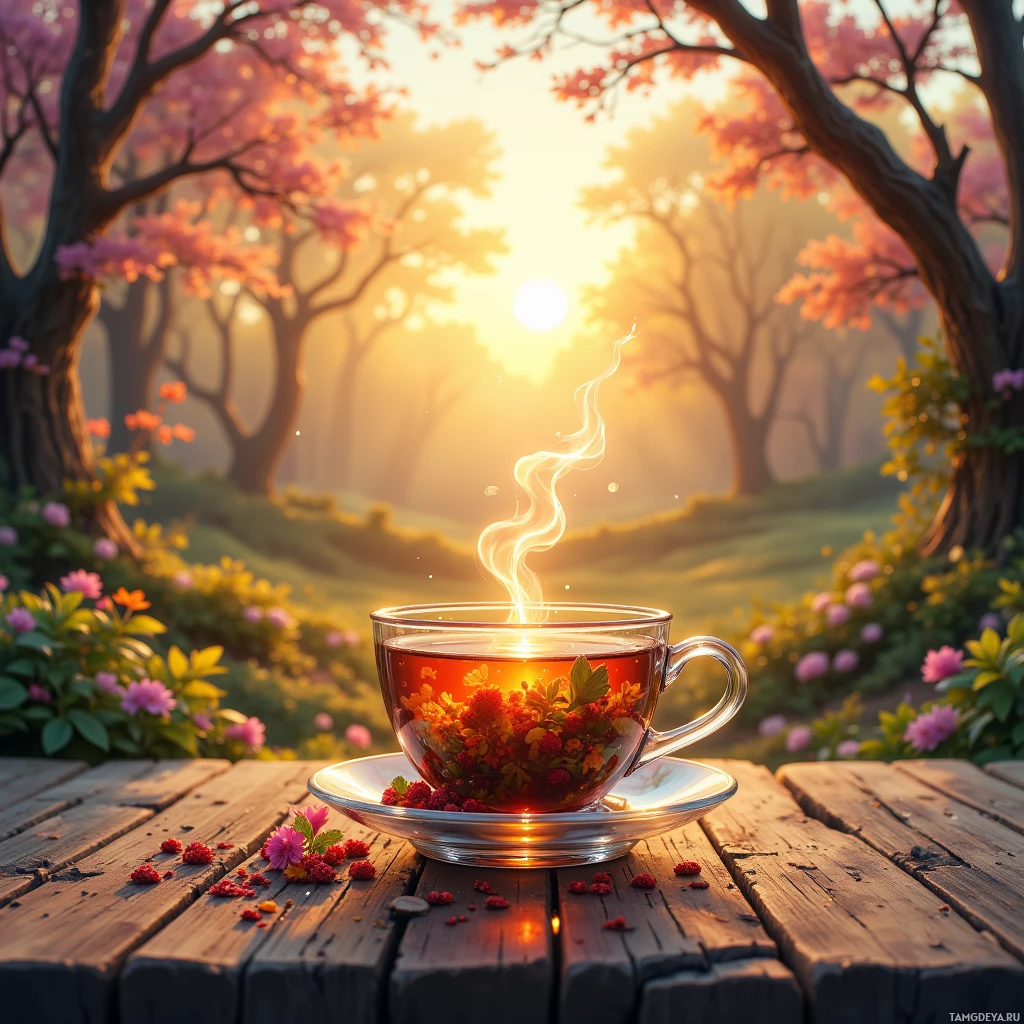 Semi-abstract image with many empty light space at center of beautiful background, that is suitable for the post:  My herbal tea cup is a time capsule, each sip a tick of my heart, syncing with the sunrise.