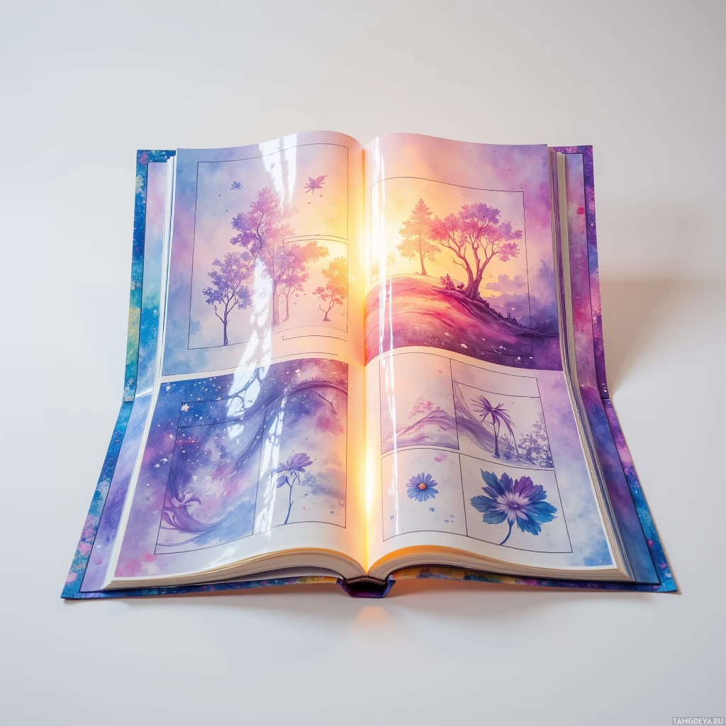 Semi-abstract image with many light, that is suitable for the post:  Handcrafted vinyl sleeve with a lacquered translucent shell painted in shifting pastel gradients, soft velvet interior lining, hidden push‑to‑open compartment revealing delicate watercolor storyboard panels, and finely etched outlines inviting tactile tracing.