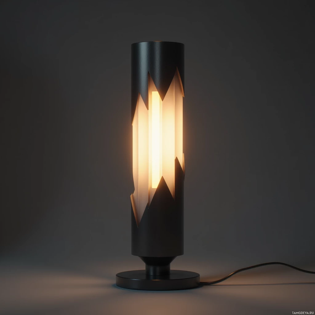 Semi-abstract image with many light, that is suitable for the post:  Low‑poly lamp composed of 5,432 quads with straight edges, seamless matte black to brushed titanium gradient, perfectly smoothed vertex normals, and soft shadow casting geometry.