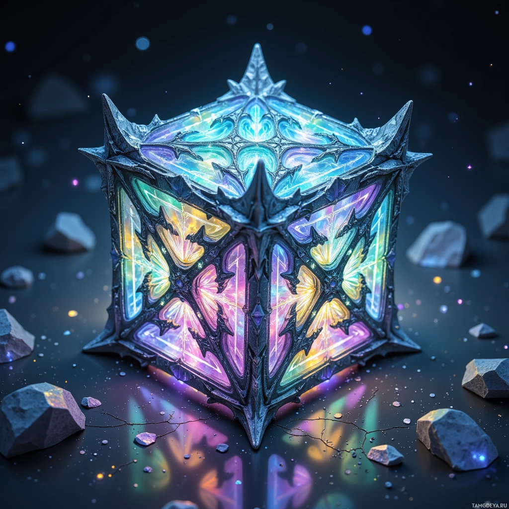 Semi-abstract image with many light, that is suitable for the post:  a silvered graphene lattice prism with bioluminescent algae filaments pulsing in shifting holographic grids, origami‑folded edges, iridescent colors that ripple with sound, microarchitectural fractal patterns glowing against a matte metallic backdrop.