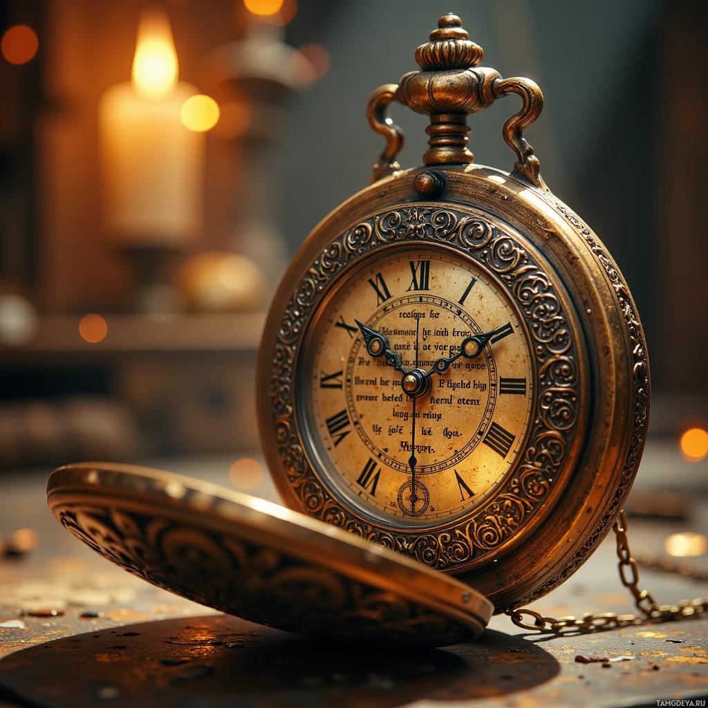 Semi-abstract image with many light, that is suitable for the post:  19th-century brass pocket watch with ornate filigree crown, case etched in ancient script, tiny brass pendulum, hidden compartment opening when wound, intricate metalwork, warm brass tones.