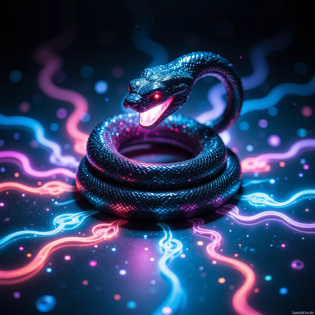 Semi-abstract image with many light, that is suitable for the post:  Polished chrome black holographic snake projector, feather‑light, serpent‑shaped with a cluster of micro‑projectors inside, sleek black casing projecting translucent neon‑lit holographic serpents.