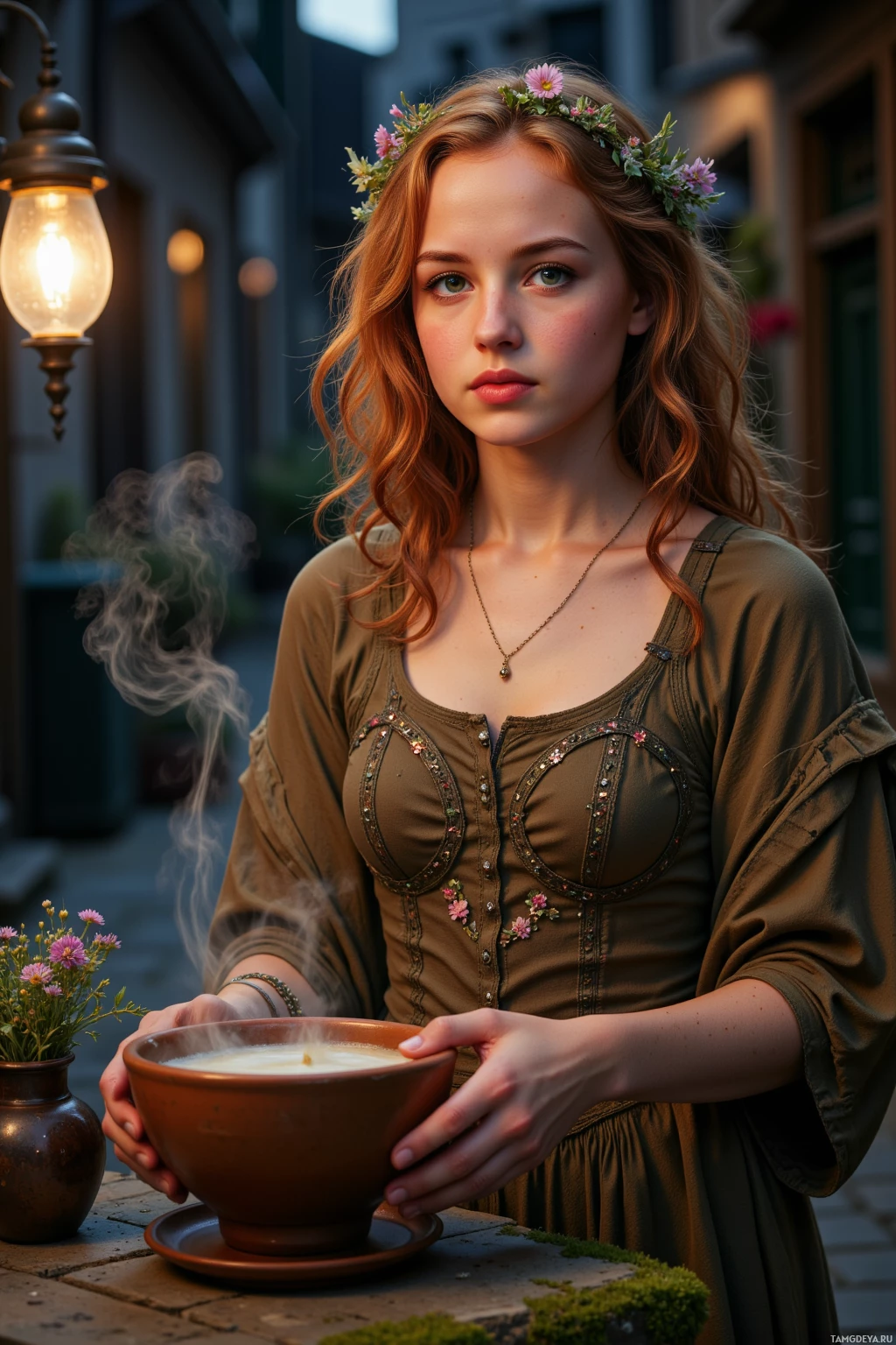 Realistic high quality photo. A young 22‑year‑old female herbalist with curly auburn hair, vivid green eyes, fair freckled skin, wearing an earth‑toned dress with tiny floral embroidery, handwoven shawl, and a dried wildflower crown, standing on a dim cobblestone street at night, holding a cracked clay bowl beside a steaming kettle, surrounded by bundles of herbs on a mossy shelf, a flickering streetlamp casting a soft glow, she hums softly, rooted against the hum of machinery.