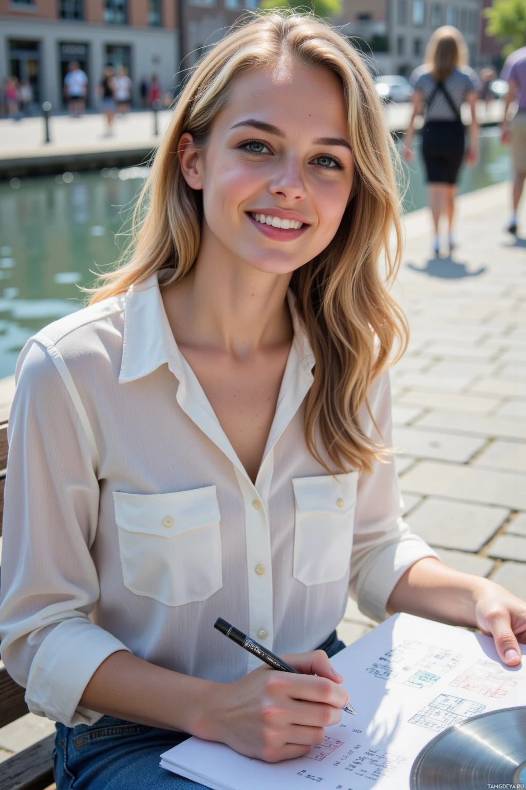 Realistic high quality photo. Female marketing wizard, 27, curly blonde hair, bright blue eyes, fair skin, wearing a simple trendy blouse and jeans, sketching a storyboard on a bench at a sunny riverwalk while watching a street performer flip a vinyl record, smiling with energetic body language, modern realism, afternoon light.
