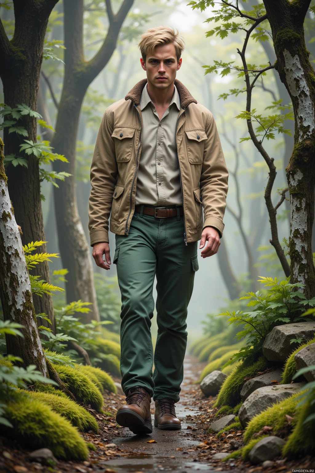 Realistic high quality photo. A 29‑year‑old male botanist with short blonde hair, clear blue eyes, fair skin, wearing a beige jacket and green pants, calmly strolling along a moss‑covered garden path lined with silver bark, surrounded by damp earth, fern leaves, and stone under early morning light, exuding a slow, contemplative mood.