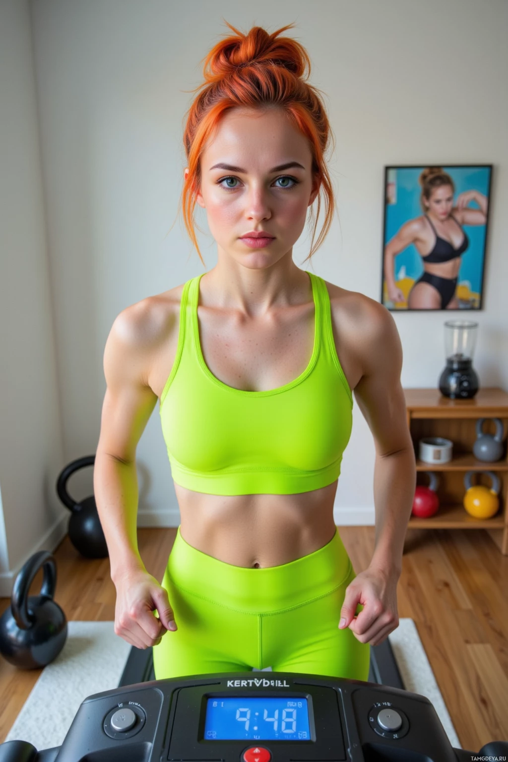 Realistic high quality photo. A 23‑year‑old woman with a bright orange messy bun and blue eyes, wearing neon green leggings and a matching sports bra, running intensely on a treadmill inside a modern living room turned kettlebell laboratory, with a digital heart‑rate monitor glowing on the treadmill, kettlebells stacked nearby, and a blender on a counter mixing a collagen smoothie.