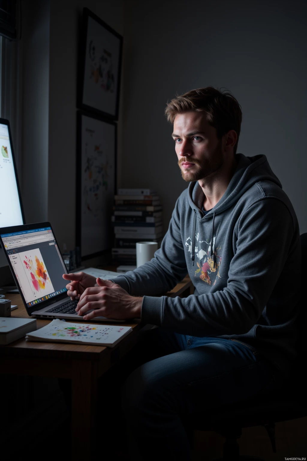 Realistic high quality photo. A 29‑year‑old man with short light brown hair, blue eyes, pale skin, wearing a muted gray hoodie over a worn graphic tee and slim‑fit jeans, sits at his dim apartment desk at night, laptop screen showing a cluttered inbox and an old compiler terminal glowing, with a nearby canvas of abstract brush strokes and a stack of code notes, a steaming cup of coffee beside him.