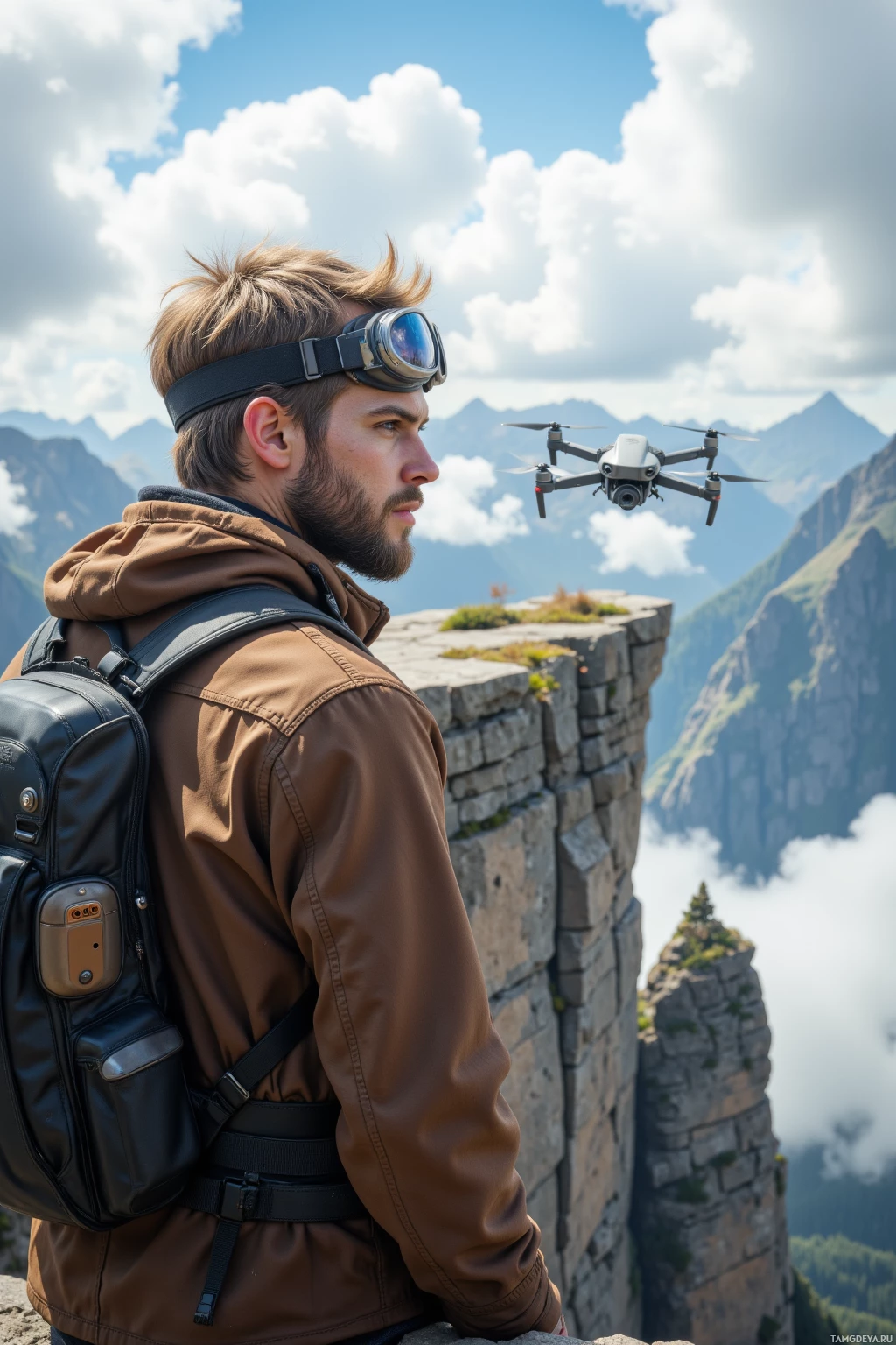 Realistic high quality photo. Rugged 34‑year‑old male with blonde hair, blue eyes, a well‑maintained beard and strong jawline, wearing vintage pilot goggles and a brown leather jacket, standing on a 12,000‑foot cliff edge, watching a drone struggling amid a cloud‑filled sky, modern realism.